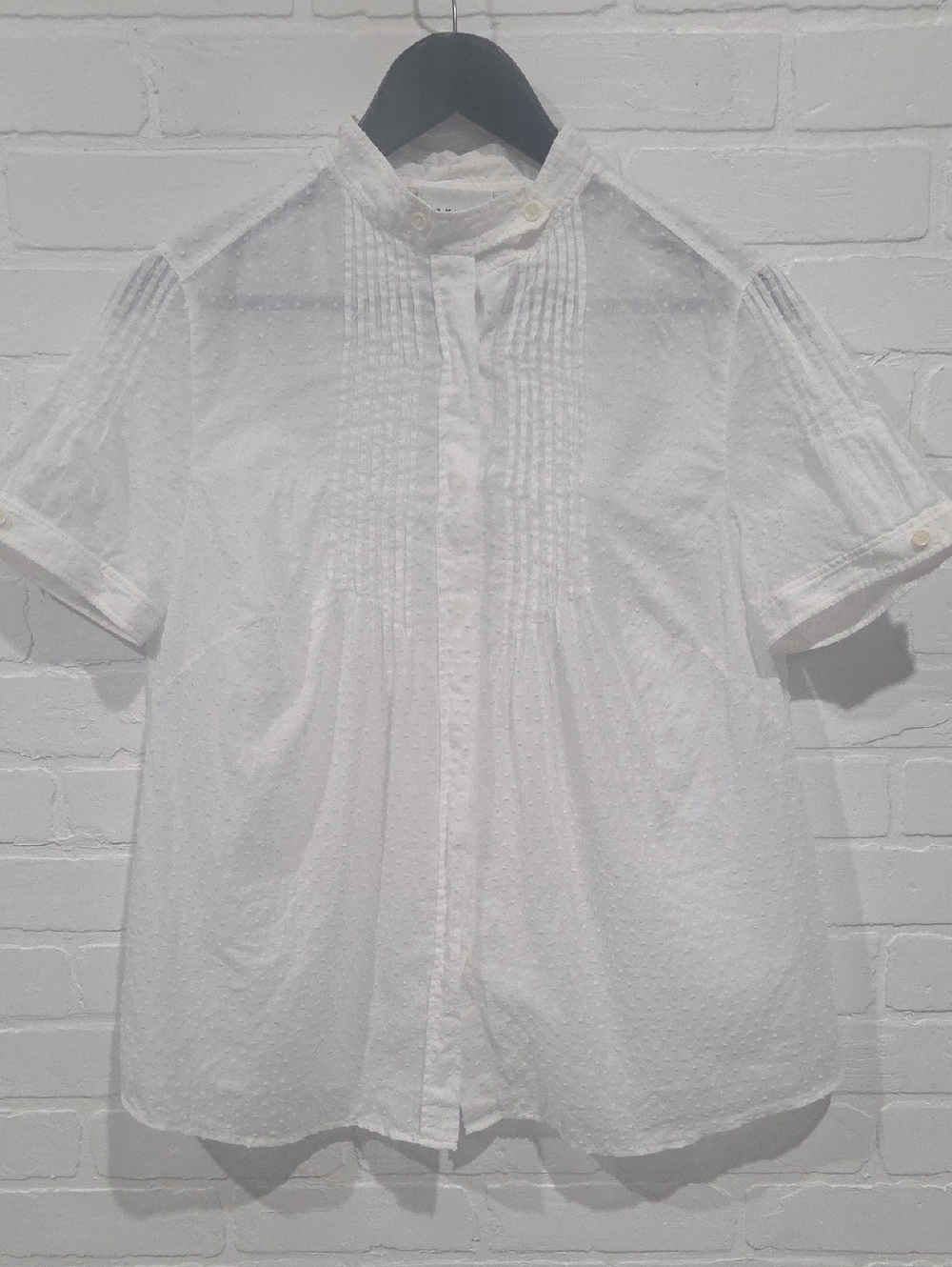 Akris Punto White Short Sleeve Pintuck Button-Up Blouse - Mandarin Collar